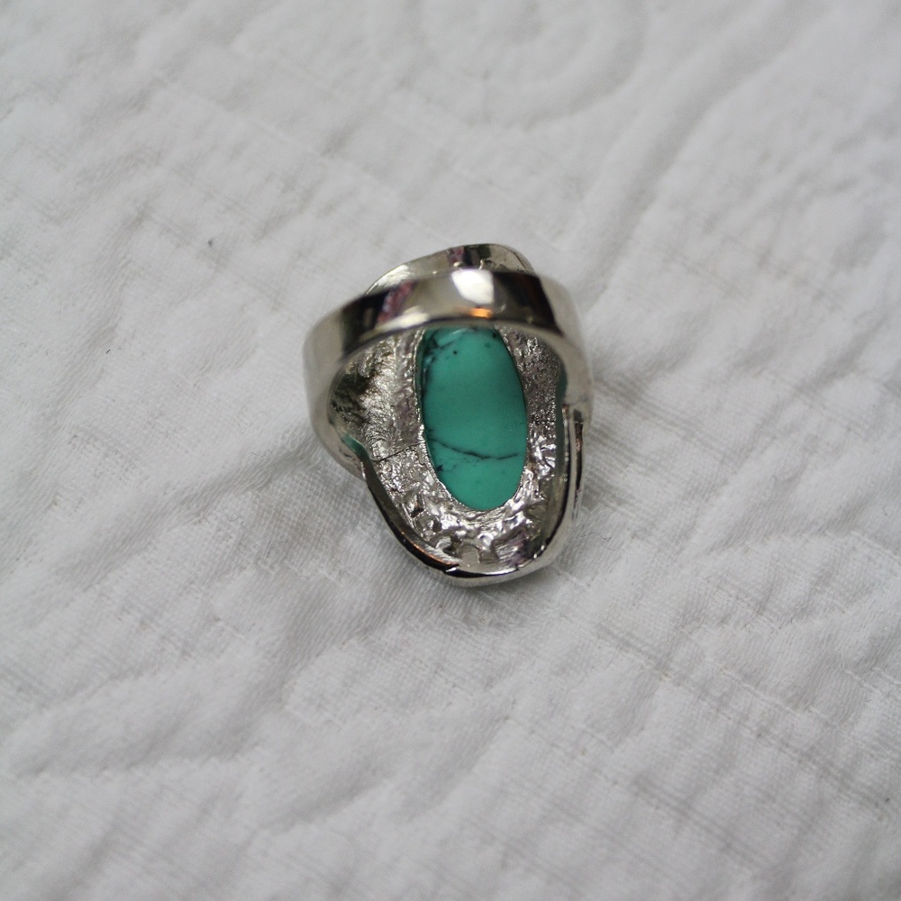 Turquoise, Rhinestone, Silver Ring - Picture 2 of 2